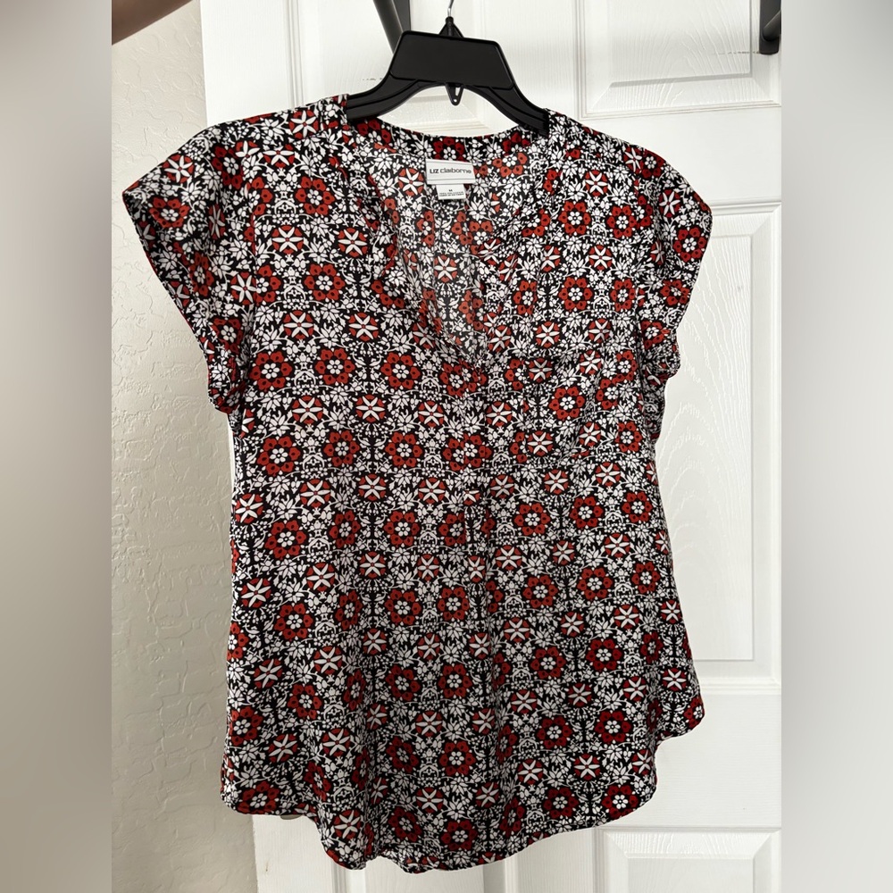 Liz Claiborne Red and Black Floral Blouse, size M